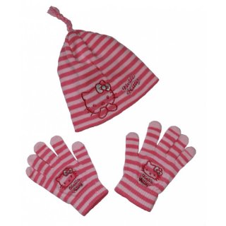 Hello Kitty 2tlg. Set Mütze Handschuhe rosa Streifen Gr. 53