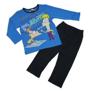 Phineas & Ferb Jungen Schlafanzug Pyjama lang (98851) blau schwarz, Gr. 104