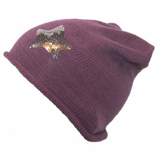 Fiebig Mädchen leichte Strickmütze Strickbeanie Mütze Paillettenstern lila
