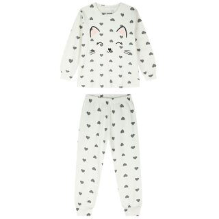 ENERGIERS Mädchen Schlafanzug lang Pyjama Katze Herzen off-white