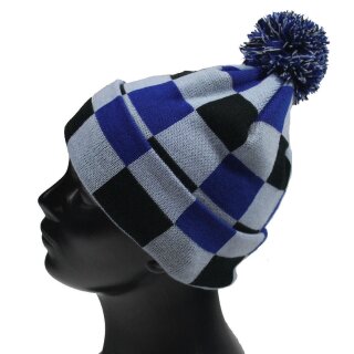 Fiebig Strickmütze Bommelmütze Mütze Schachbrettmuster blau